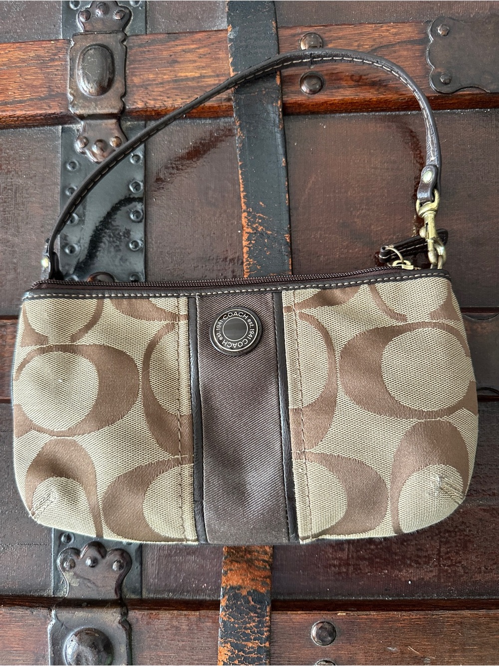 Coach Tan and Brown Signature Canvas Wristlet